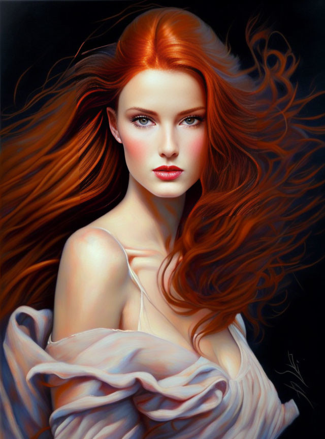 Woman with flowing red hair and green eyes in elegant pose.