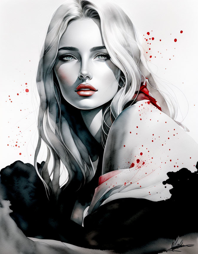 Monochrome illustration of woman with red lips and splashes of red