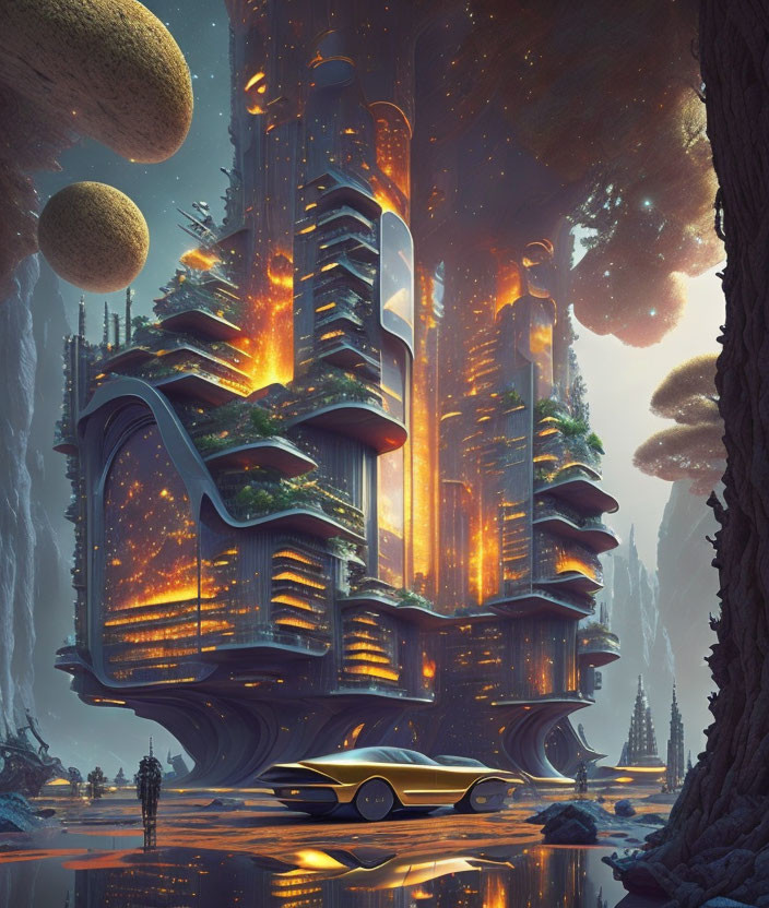 Golden-lit futuristic cityscape with skyscrapers, alien terrain, vegetation, and sleek car.