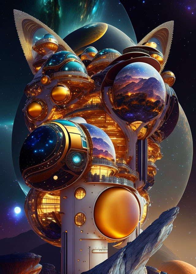 Cat-shaped Space Station with Whimsical Landscapes in Starry Space