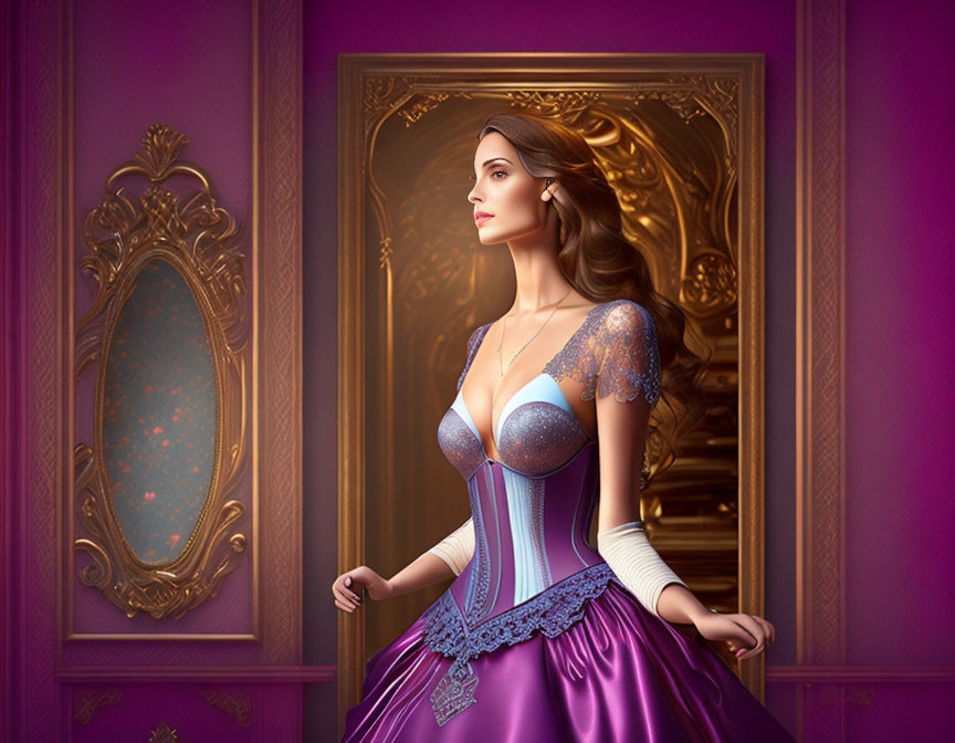 Digital illustration: Woman in purple and blue gown by golden mirror