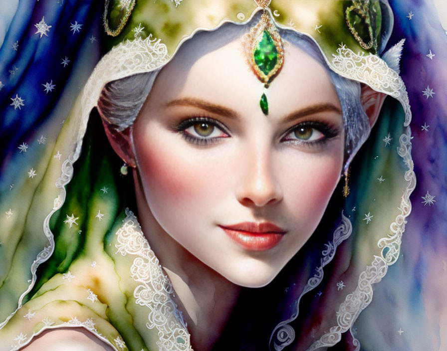 Fantasy painting of an elf woman with pointed ears and green gem.