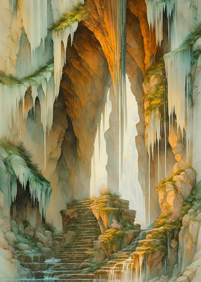 Mystical cave with icicles, water flow, stone staircase, greenery, sunlight