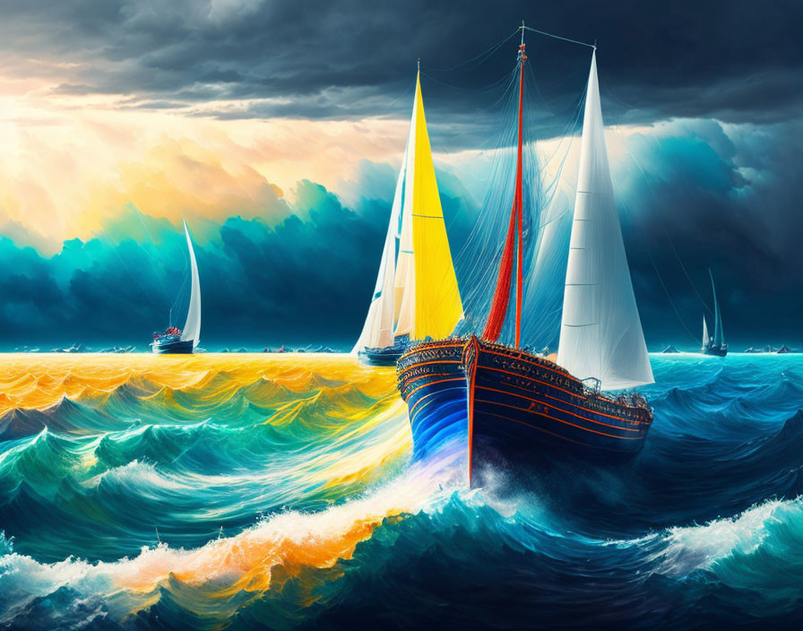 Vibrant sailboats on cresting ocean waves under stormy sky