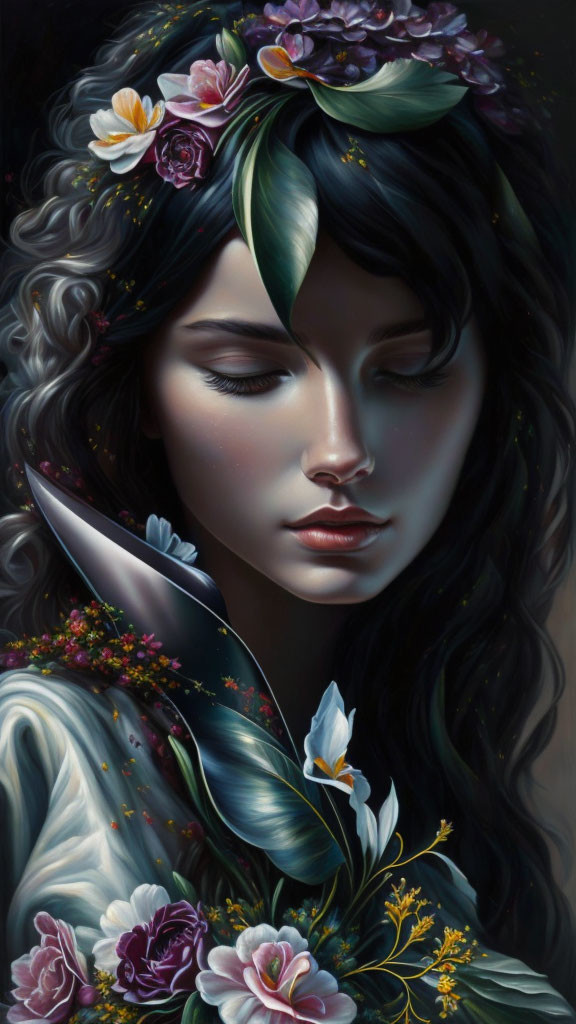 Digital Artwork: Woman with Dark Hair, Flowers, Leaves, and Bird