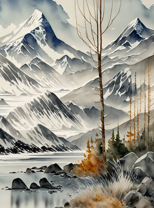 Winter mountain landscape watercolor painting with frozen lake and snow-covered peaks