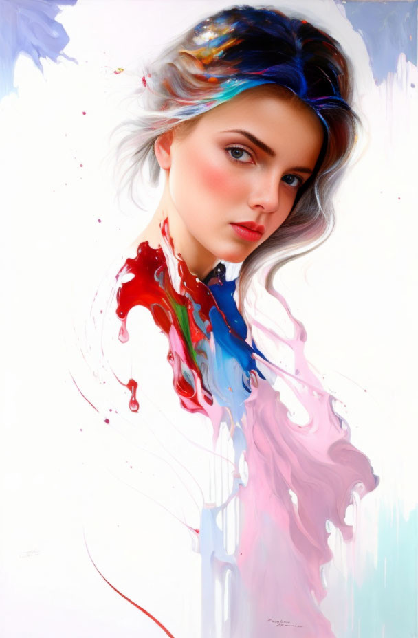 Colorful portrait of a woman with paint-like splash, blending realism and abstract art