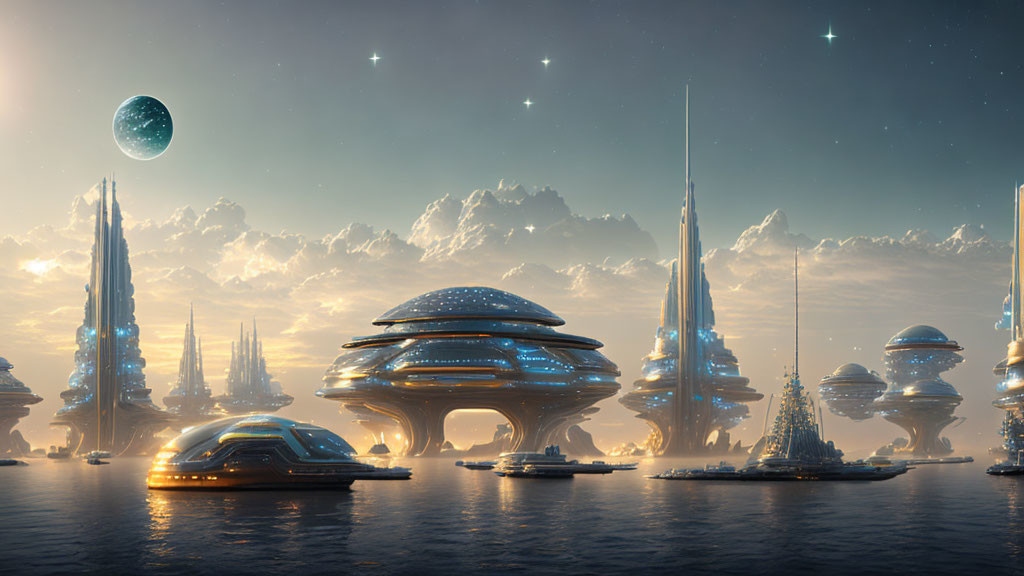 Futuristic cityscape with sleek buildings and advanced vessels under twilight sky in oceanic setting.