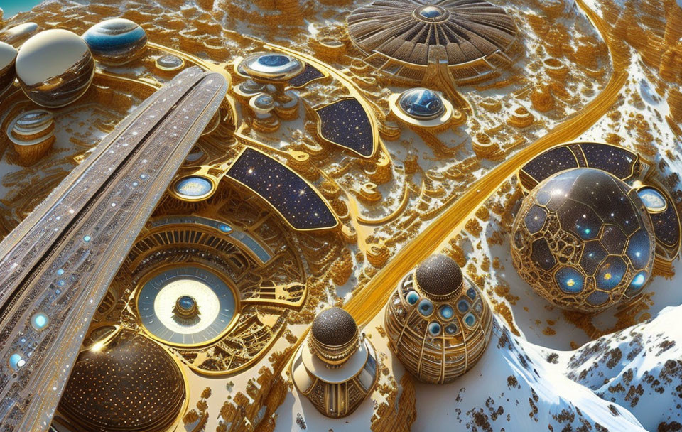 Golden futuristic city with domed buildings, intricate patterns, and monorail in snowy desert landscape