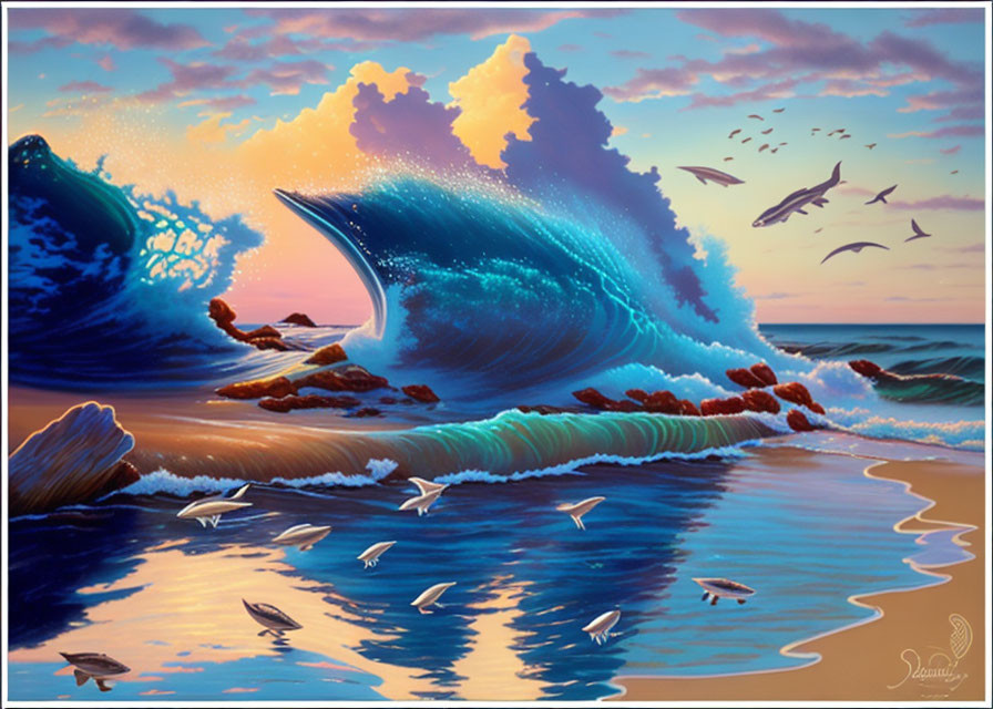 Colorful sunset scene with wave cresting like whale's tail, birds and fish.