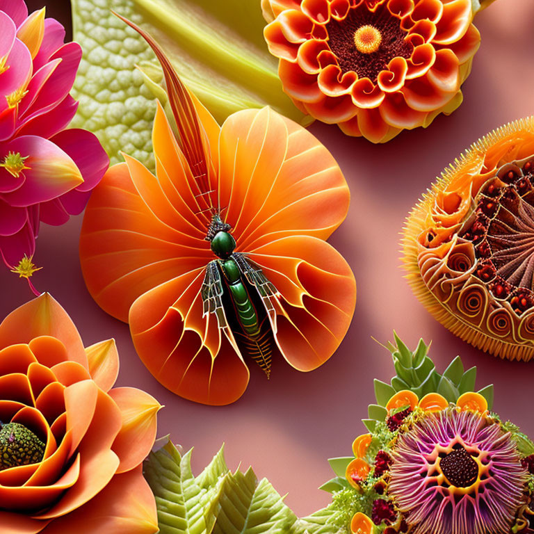 Colorful Green Beetle on Orange Flower Surrounded by Vibrant Flora