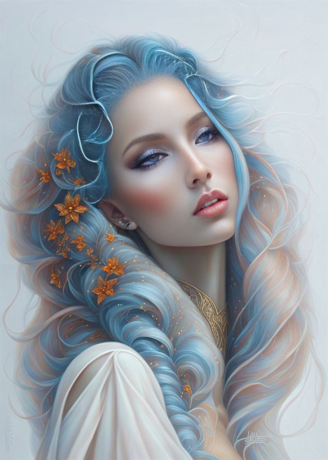 Digital Artwork: Woman with Blue Pastel Hair and Golden Flowers