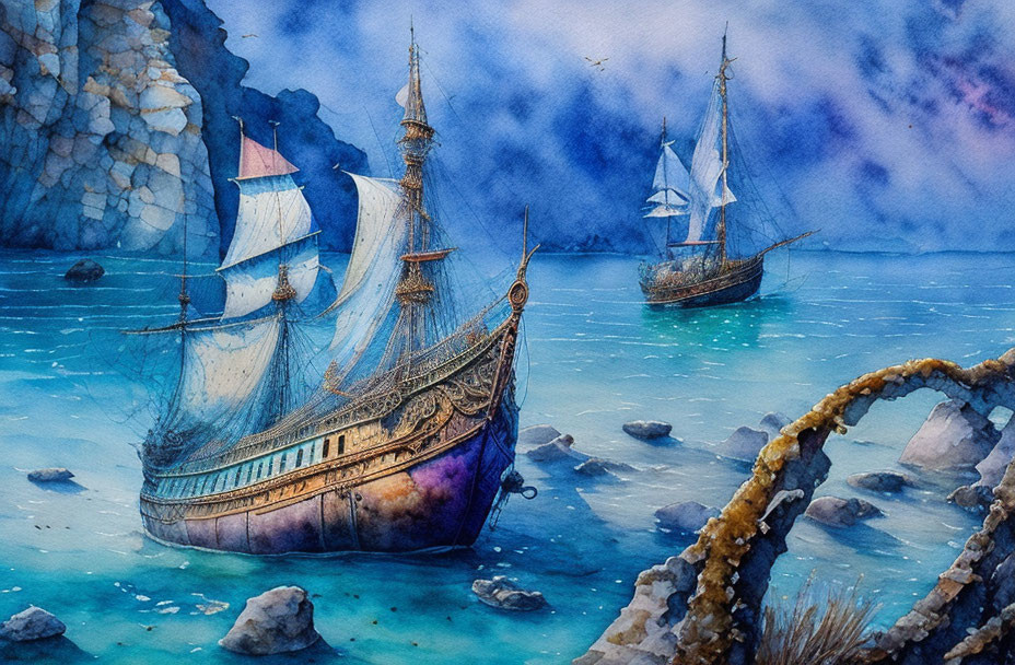 Serene watercolor painting of two sailing ships on blue sea