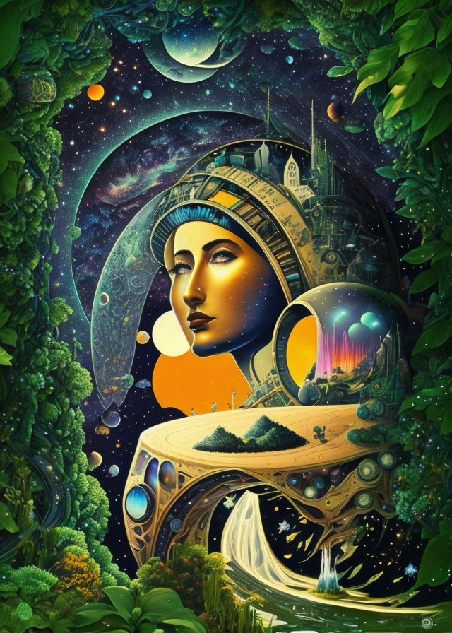 Colorful artwork: woman's profile merges with cosmic and nature elements, including cityscape, foliage,