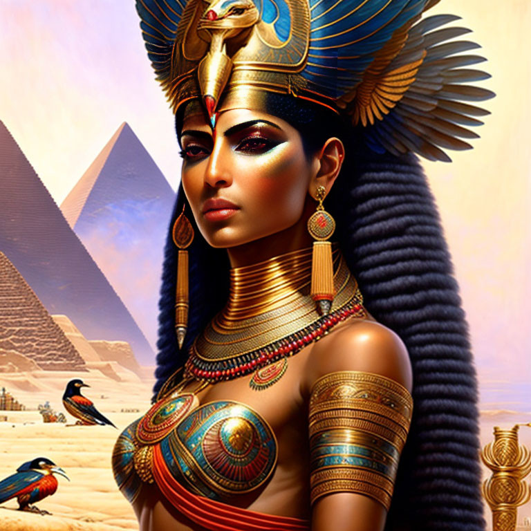 Egyptian queen portrait with traditional attire and pyramids in the background
