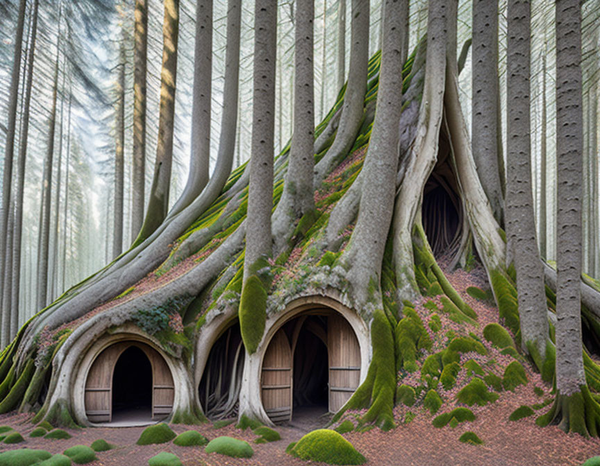 Enormous tree with doorways and windows in lush forest