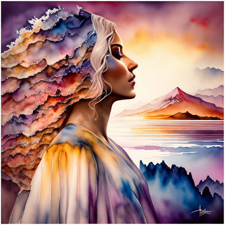 Stylized portrait blending woman's profile with mountain landscape