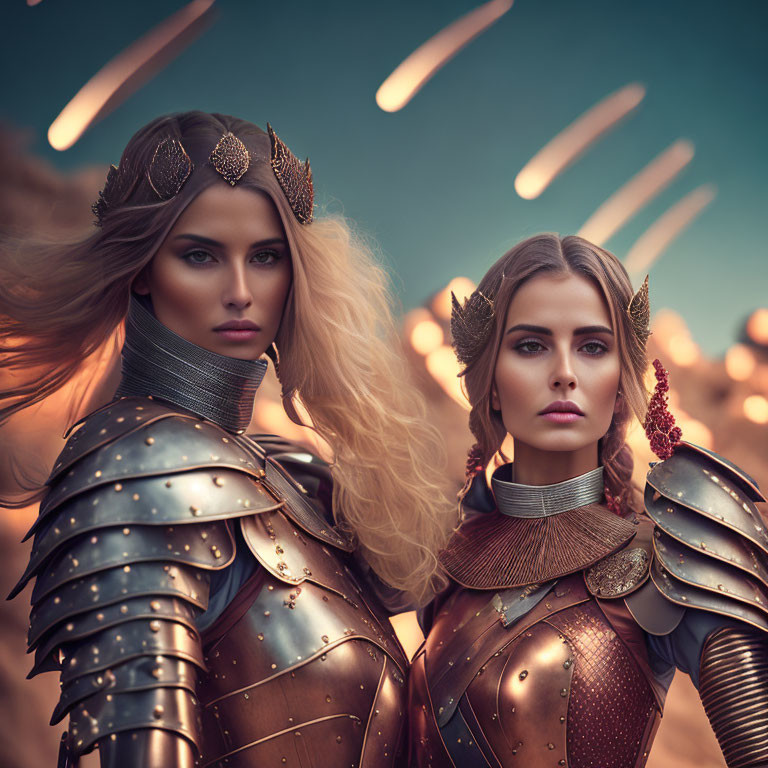 Two women in medieval armor with crowns under fiery sky