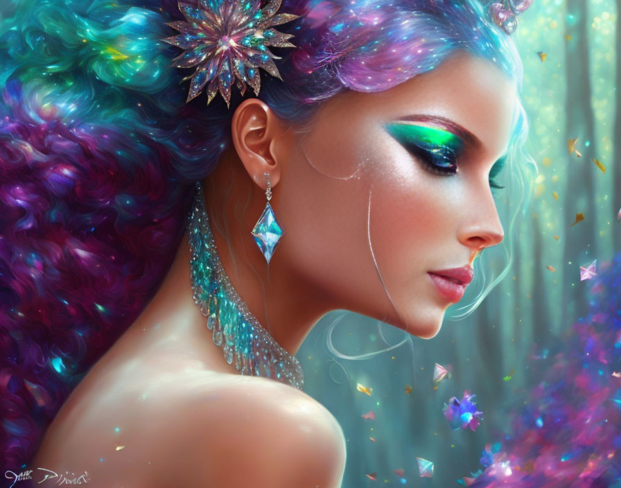 Colorful woman digital art with vibrant hair and magical backdrop