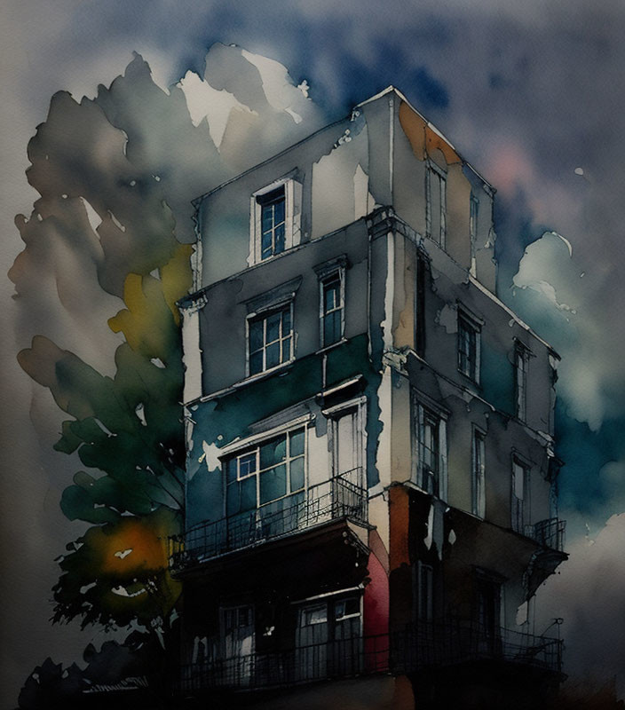 Blue-toned watercolor painting of a multi-story building with abstract trees and cloudy sky.