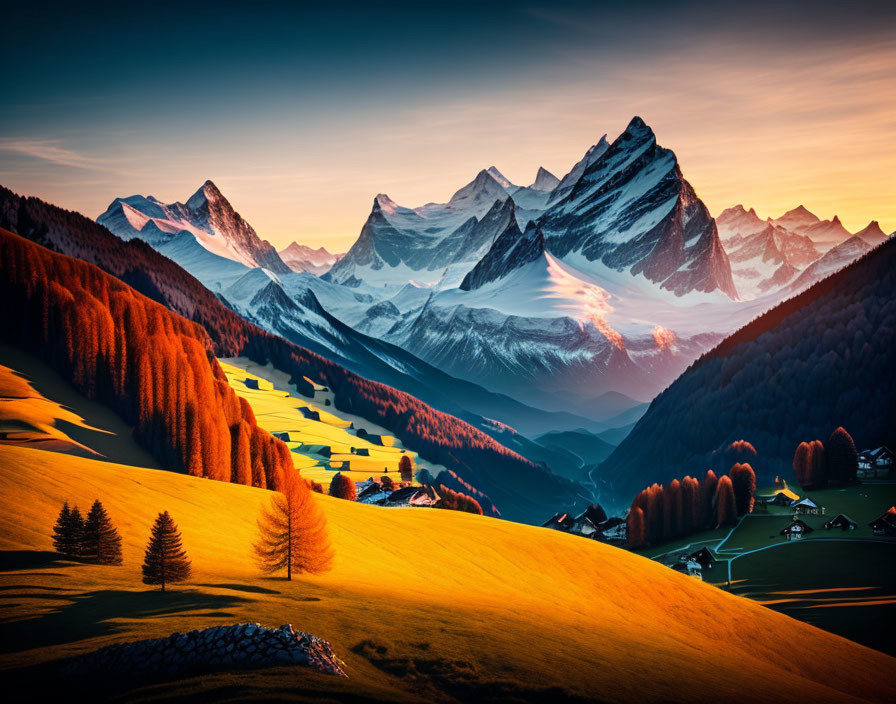 Golden Hour Landscape: Rolling Hills, Village, Snow-Capped Mountains