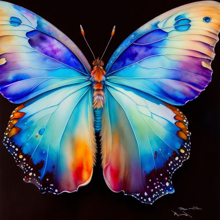 Colorful Butterfly Painting with Blue and Purple Wings on Dark Background