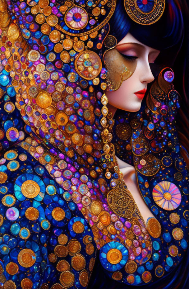 Colorful artwork: Woman with blue hair and ornate celestial patterns.