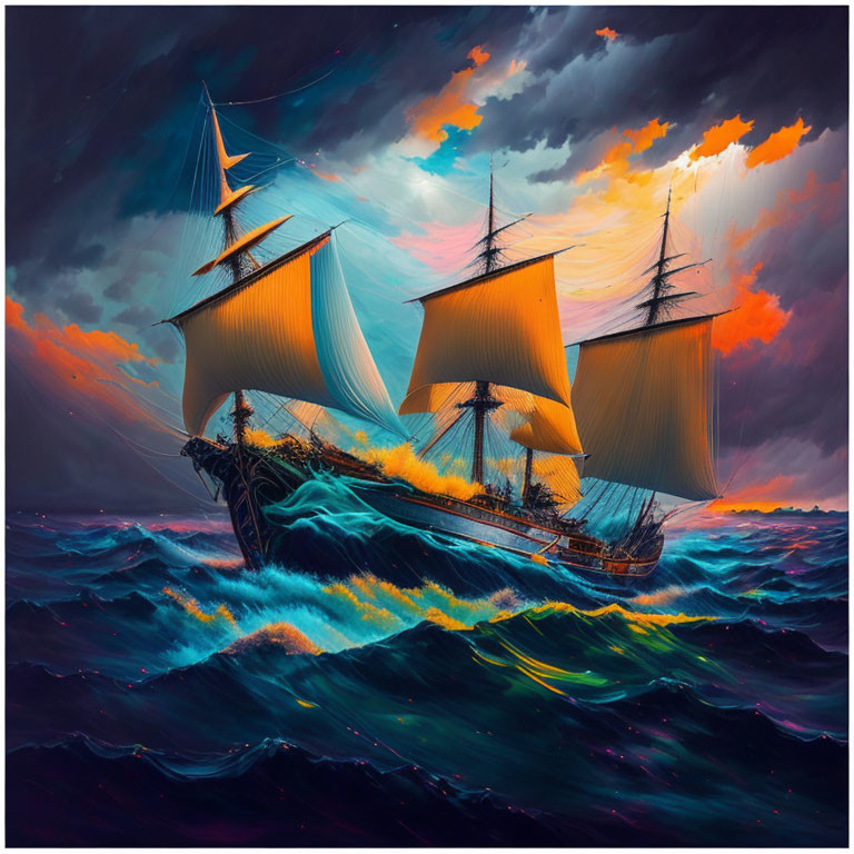 Vibrant tall ship painting on tumultuous ocean waves under dramatic sunset sky