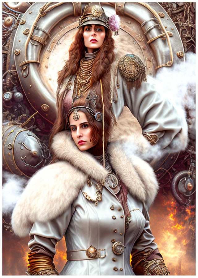 Two women in steampunk attire with goggles against mechanical gears and fiery backdrop