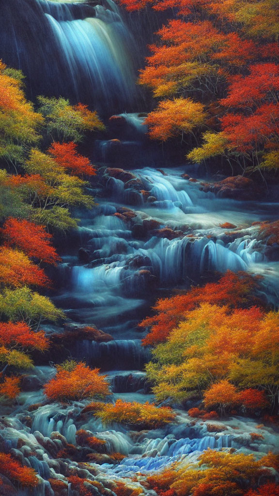 Tranquil waterfall in autumn setting with vibrant colors