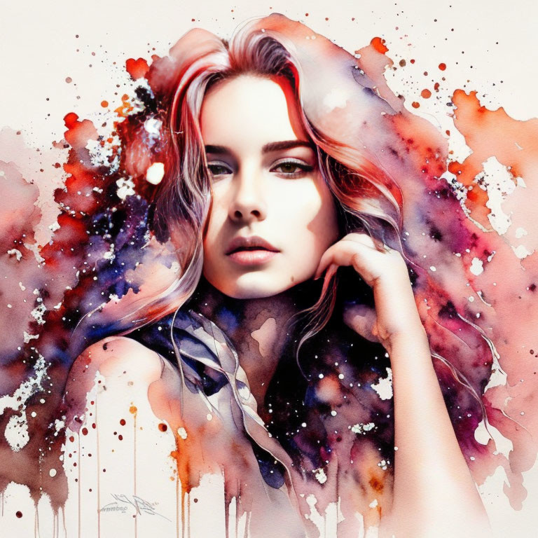 Woman with flowing hair in vibrant red and brown watercolor splash background