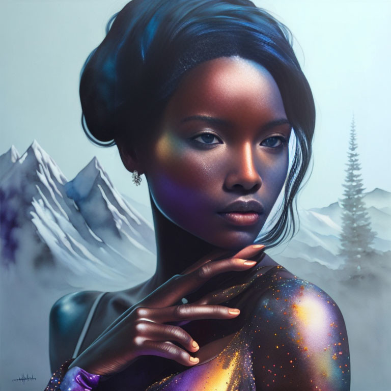 Cosmic-themed digital portrait of a woman against mountain backdrop