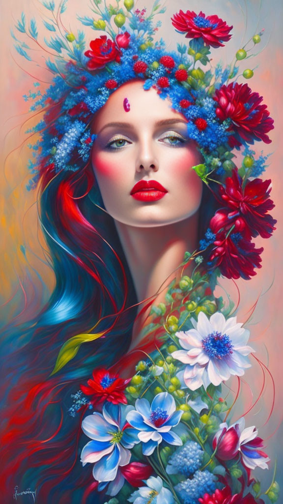 Colorful portrait of a woman with floral crown and vibrant makeup