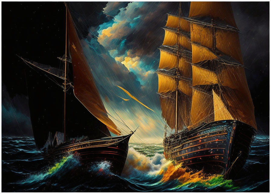 Majestic sailing ships on tumultuous seas under dynamic sky