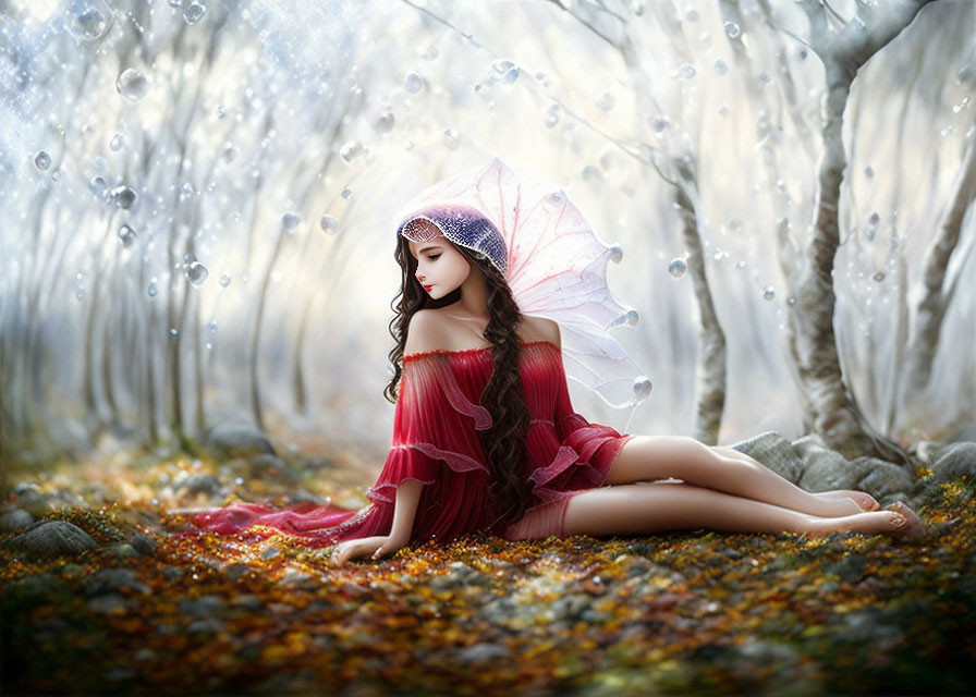 Woman in red dress with umbrella in fantastical forest setting