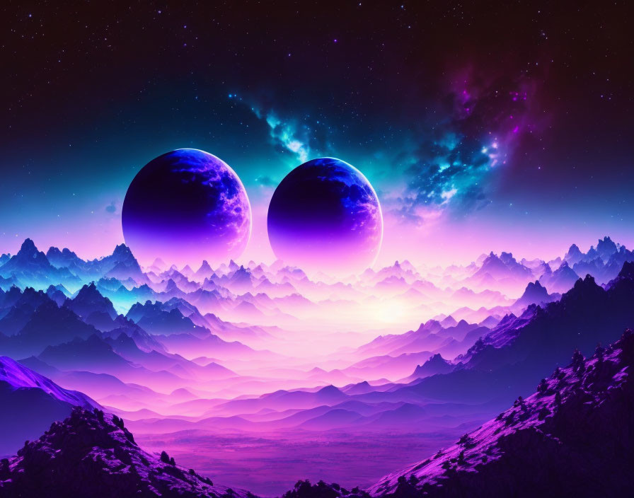 Vibrant digital landscape with large moons, mountain ranges, and starry sky