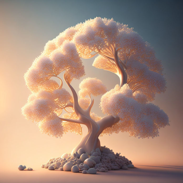 Stylized tree with white cloud-like foliage on warm background