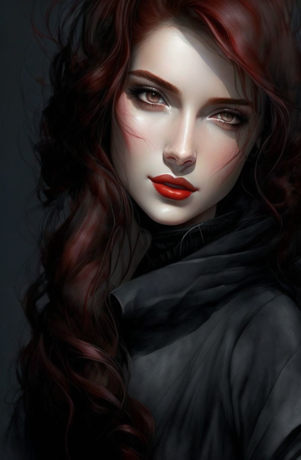 Portrait of Woman with Long Wavy Red Hair and Striking Features