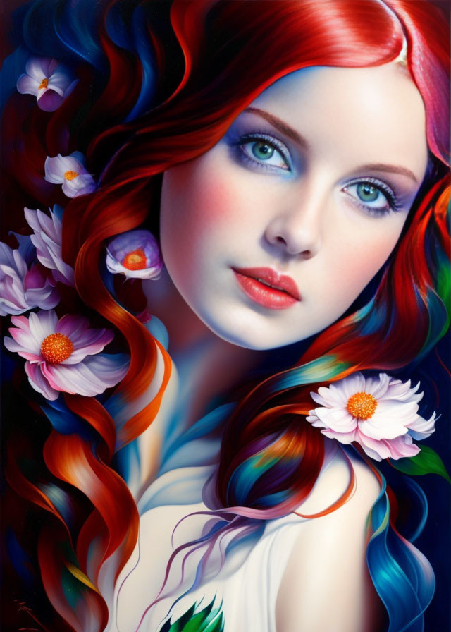 Vibrant red-haired woman with flowers and blue eyes on dark background