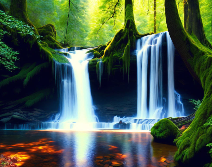 Tranquil waterfall in lush greenery with sunlight and autumn leaves