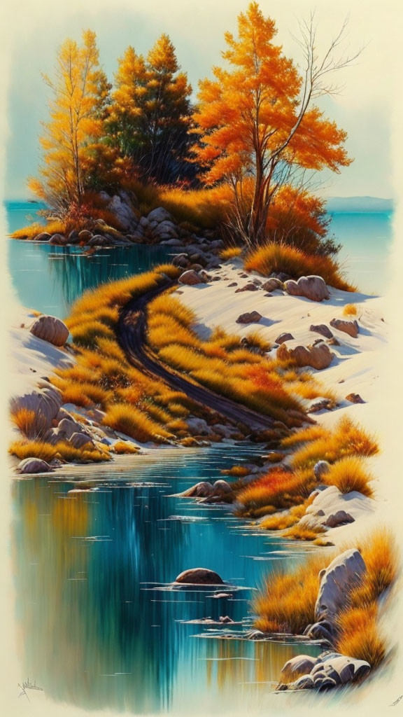 Tranquil autumn landscape: golden foliage, blue lake, scattered rocks