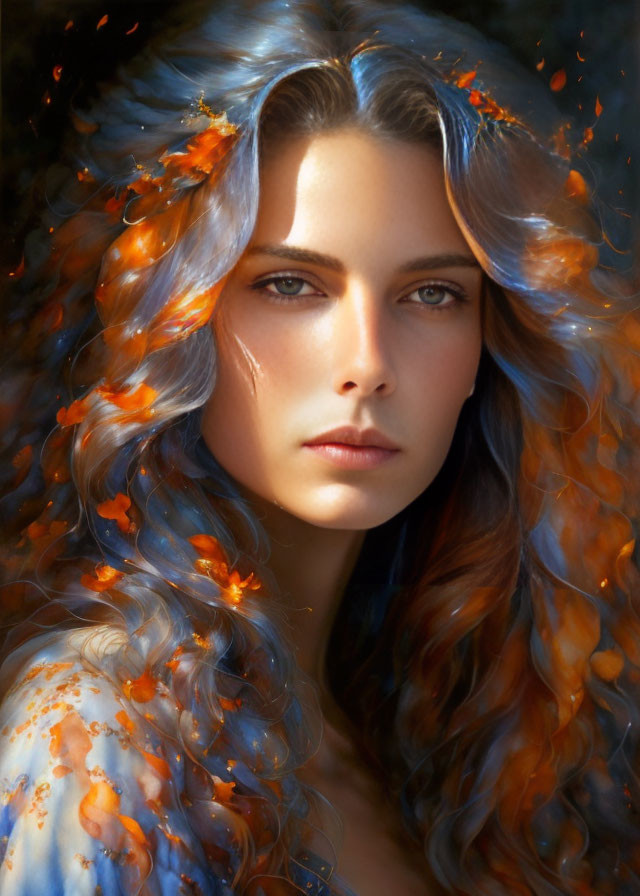 Blue-eyed woman with wavy hair and orange embers in shadowy setting