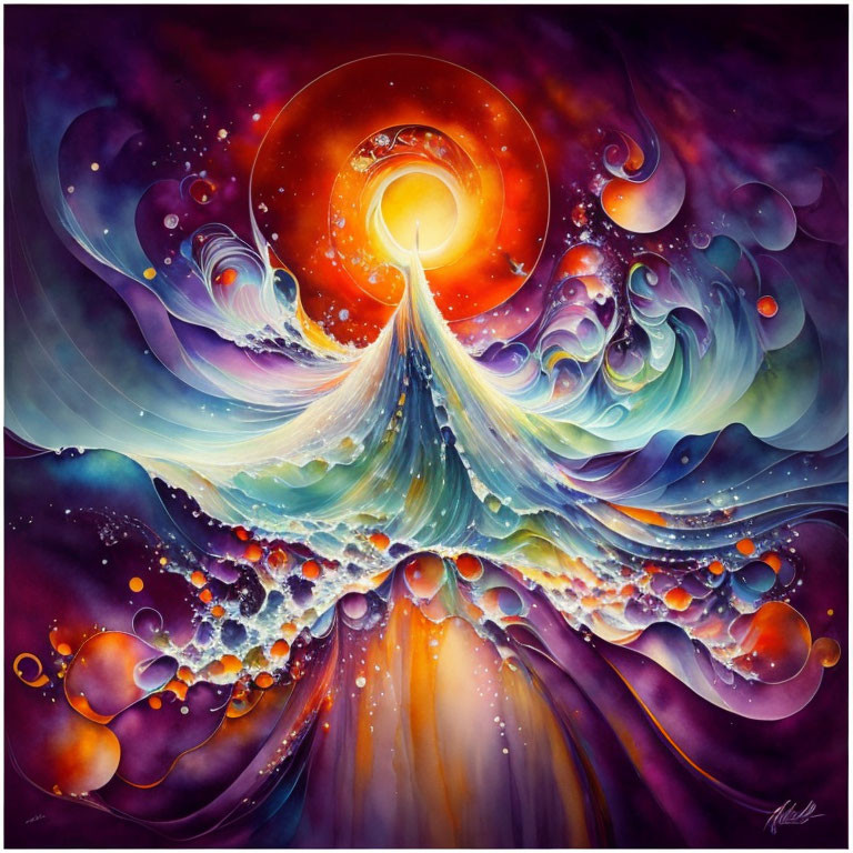 Colorful Psychedelic Painting with Swirling Patterns and Glowing Orb