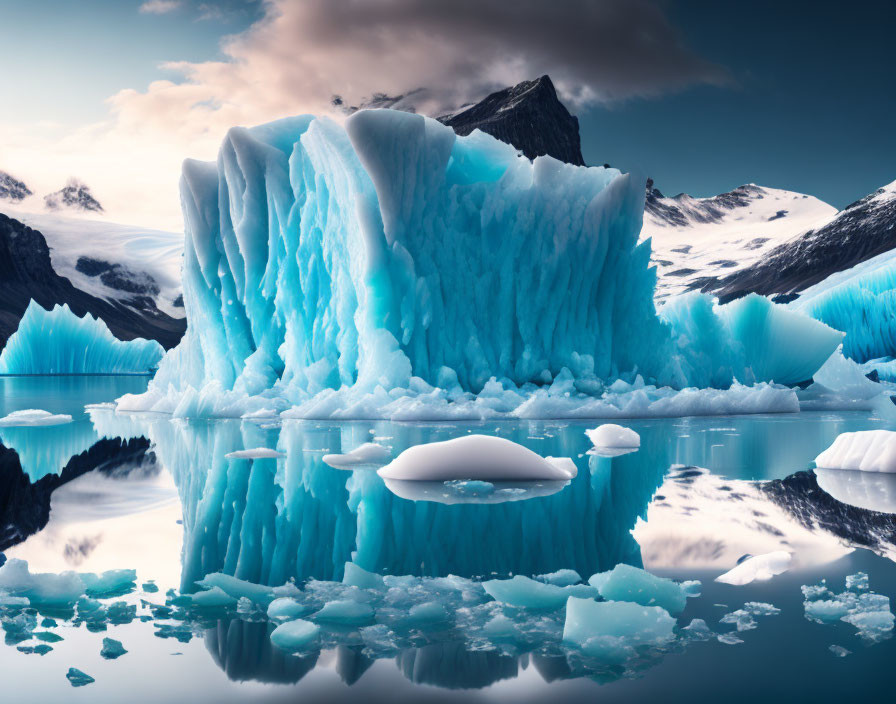 Majestic iceberg reflected in calm waters with snow-capped mountains