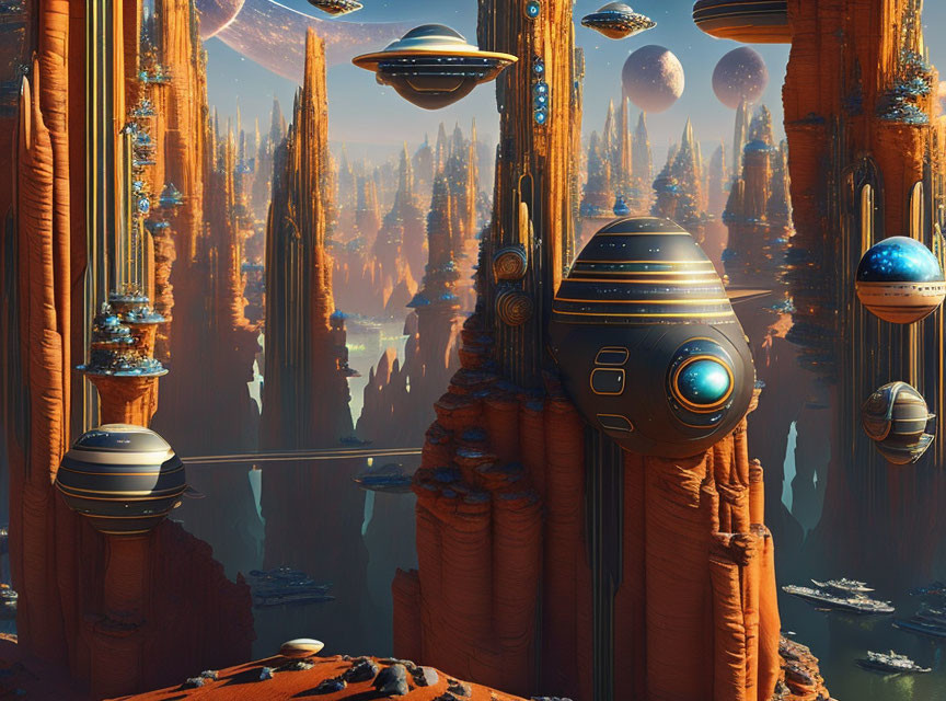 Majestic orange rock formations with flying spherical robots in futuristic alien landscape