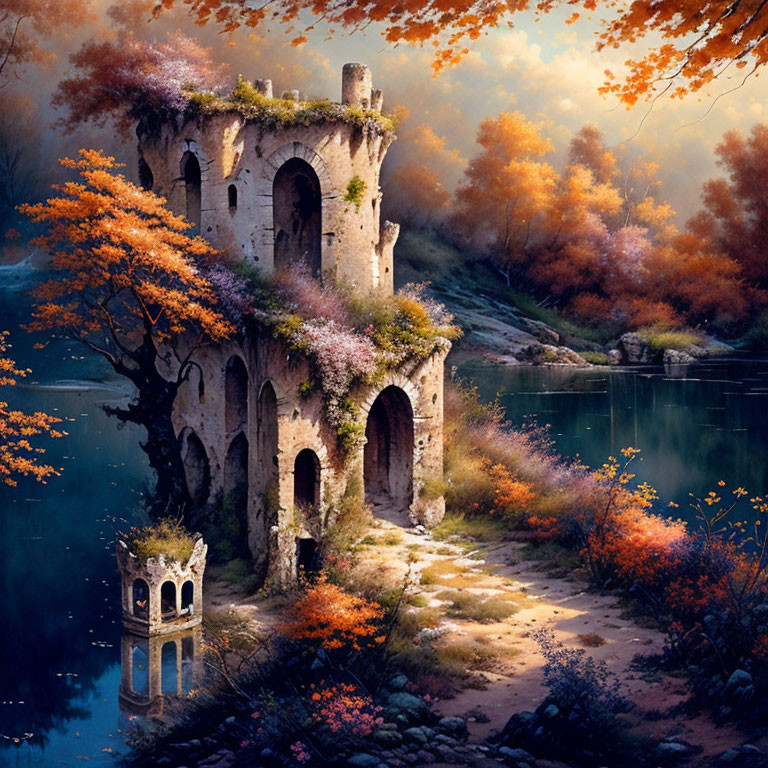 Tranquil lake with ivy-clad ruin and autumn trees