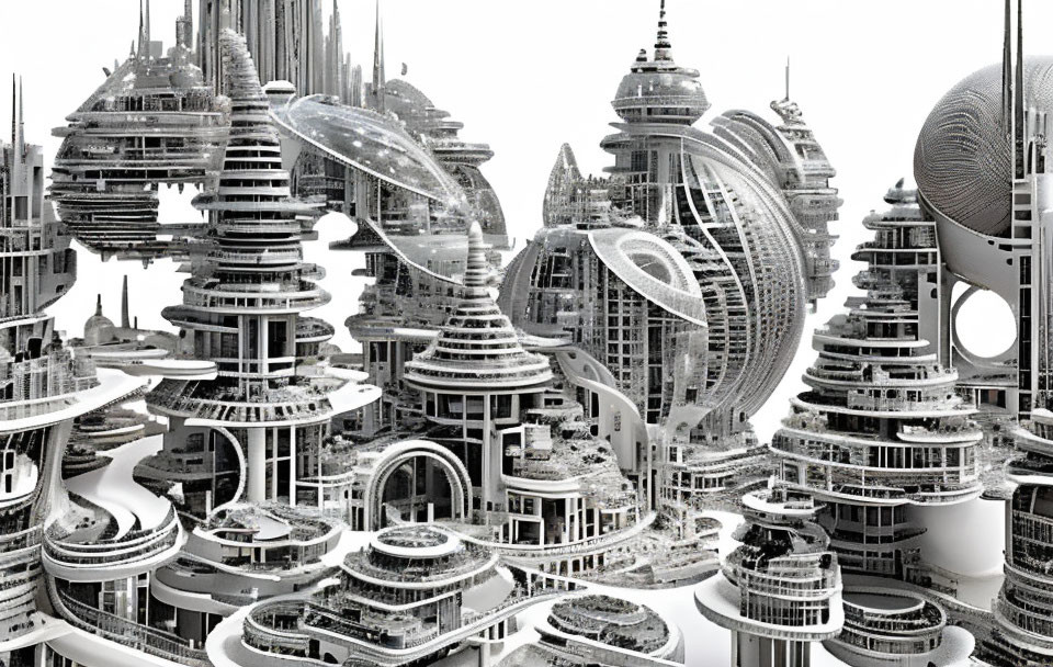 Detailed grayscale futuristic cityscape with high-rise buildings and spherical domes.