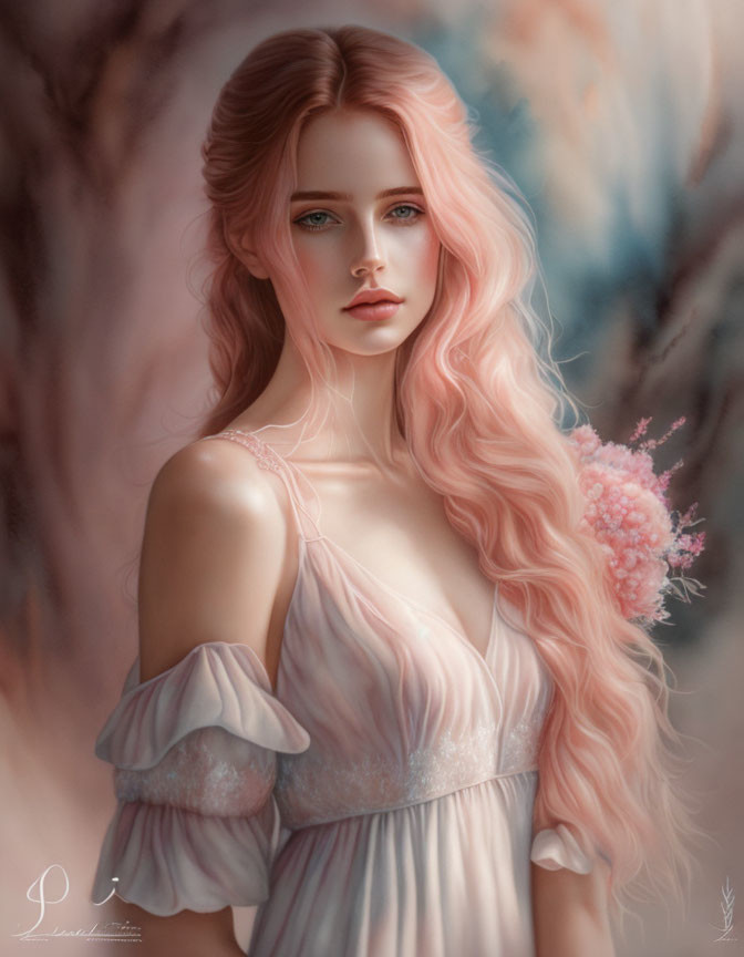 Digital artwork featuring woman with long pink hair and ethereal beauty in pastel dress.