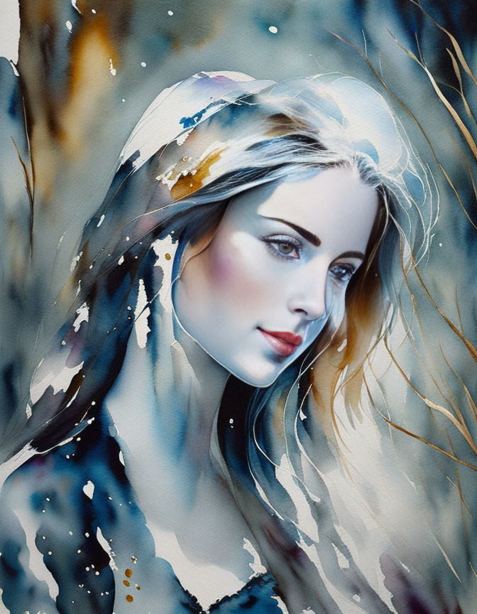 Abstract watercolor portrait of woman with flowing hair and evocative gaze