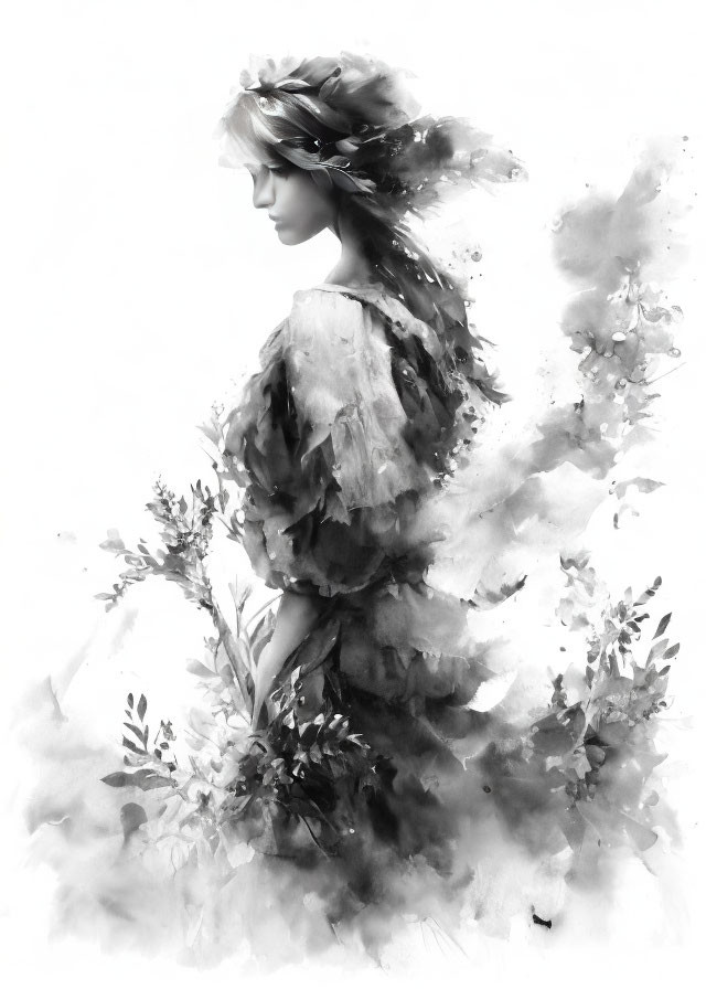 Monochromatic watercolor painting of woman in flowing dress with floral elements